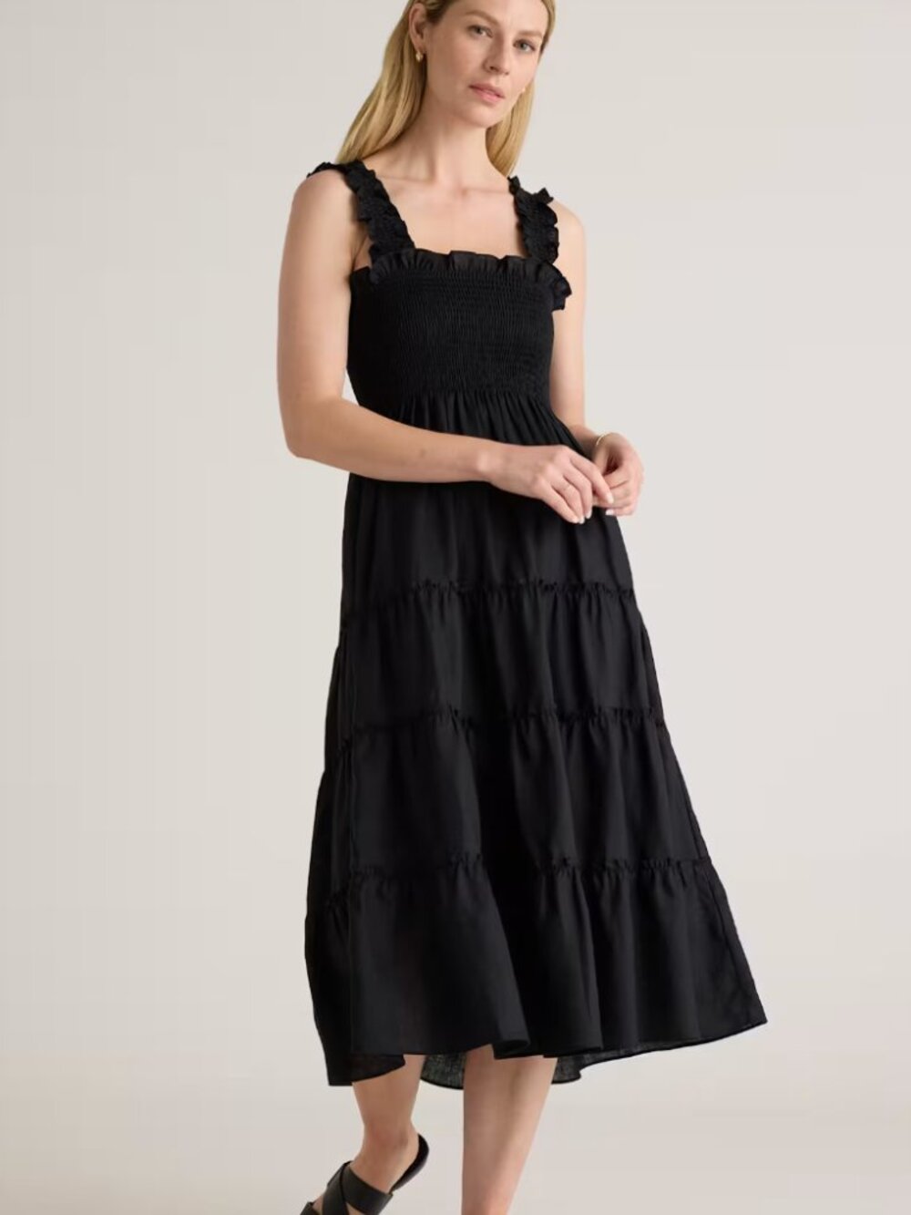 Quince 100% European Linen Smocked Midi Dress, Black
